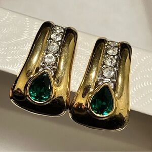 Vintage Faux Diamond & Green Stone Gold Tone Clip On Earrings